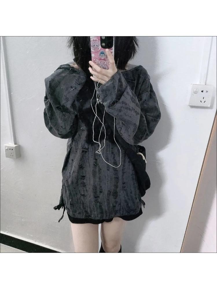 Grunge Hole T-shirt Women Fashion Star Print Y2k Aesthetic Loose Tees Kpop Fairycore Ripped Tshirt Harajuku Gothic Streetwear