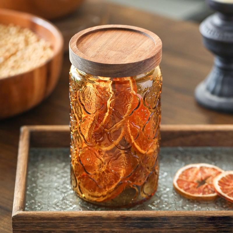 Embossed Glass Storage Jar For Candies With Wooden Lid Airtights Seal For Kitchen Decoration