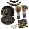 Gold-Stamped Black Polka Dot Tableware Set: Includes Thickened Paper Cups, Plates, Gold Cutlery (Knife, Fork, Spoon), and Napkins for Party Decor.
