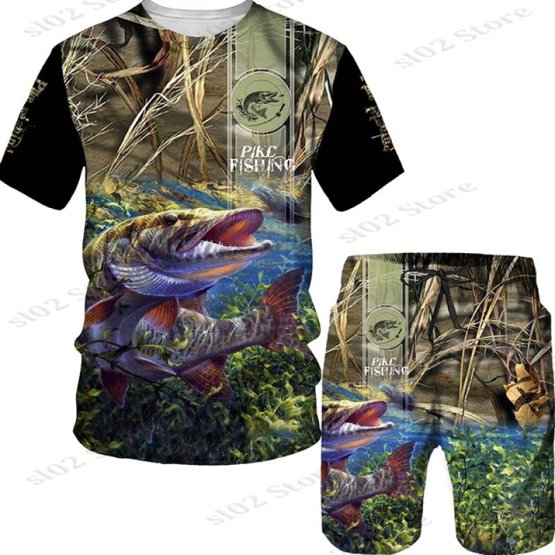 Männer 3D Fisch Gedruckt Sport Angeln Camping Camouflage Jagd T Shirt Set für Mann Kleidung Streetwear Plus Größe T-shirts/kurze/Anzüge