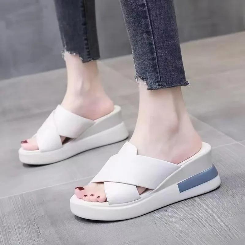 Fashion Round Head Wedge Slippers Women's Thick Sole Summer Fish Mouth High Heels Soft Leather Sandals
