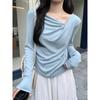 Top de punto puro de manga larga sin hombros para mujer, cuello de pico para otoño e invierno, pliegues angulados en el hombro, capa interior ajustada