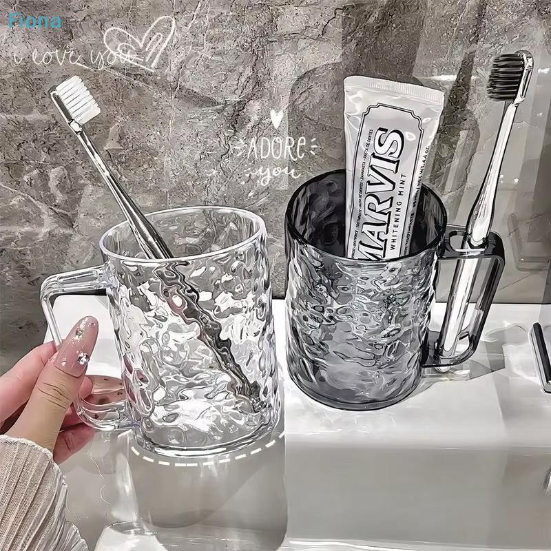 Hammered Glass Tumbler with Handle, Clear & Gray Water Cup, Toothbrush Holder for Bathroom, Home, Office