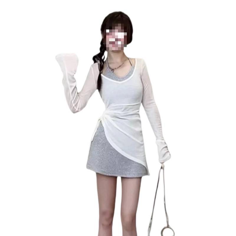 Women's Gray Petite Halter Strap A-Line Hip-Hugging Dress Set for Summer and Early Autumn 2025