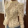 Sommer Neu Damen Spitze Häkeln Stehkragen Slim Fit Bluse Mode Elegant Pendlerhemd