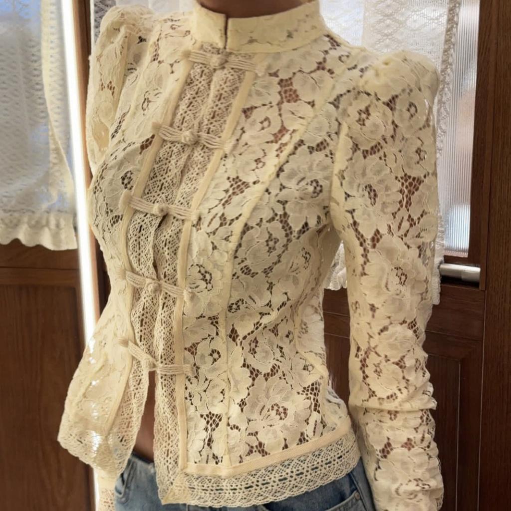 Sommer Neu Damen Spitze Häkeln Stehkragen Slim Fit Bluse Mode Elegant Pendlerhemd