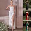 Damen Abendkleid Spaghettiträger Low-Cut Off Shoulder Rückenfrei Ärmellos Schlitz Saum