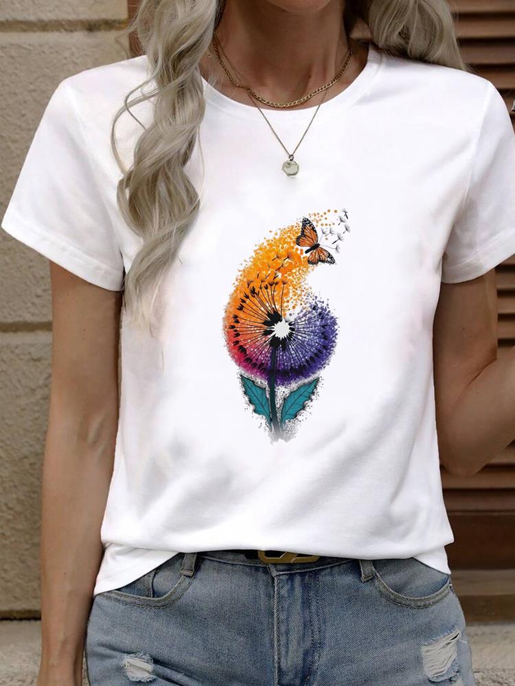 (Asian Size) Tee Top Trend Flower Lovely Cute Women Fashion Female Clothing T Shirt Woman Print Short Sleeve Graphic T-shirts