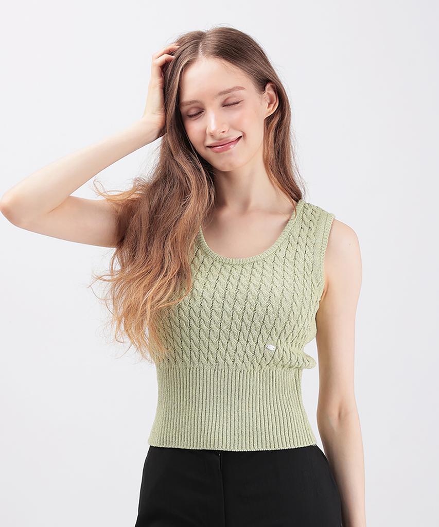 WHEN YOU MOVE Silver Logo Cable Knit Vest Light Green
