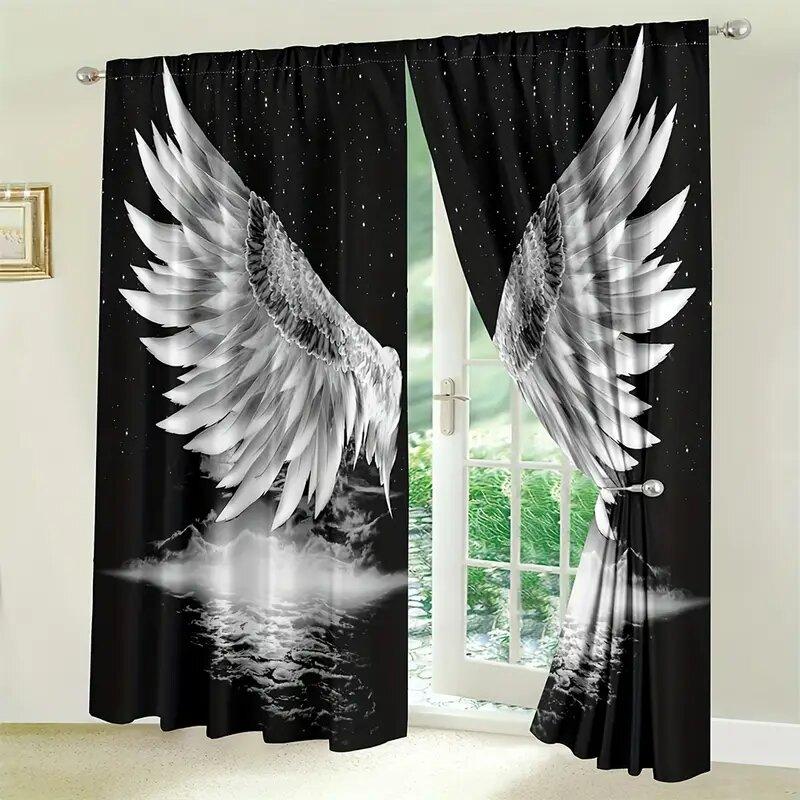 2 pieces of Black art angel wings and stars printed curtains, pole bag curtains 30*65, home decoration, room decoration