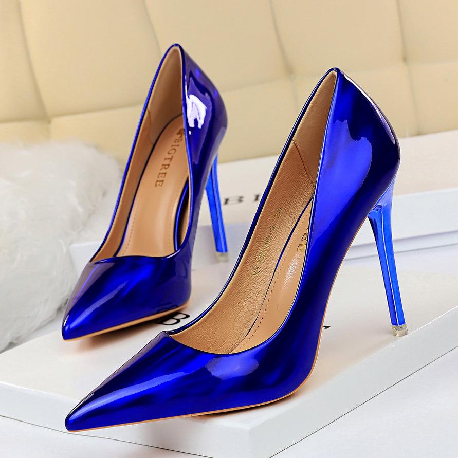 BIGTREE Damen-Metallabsatz, 10,5 cm, Super-High-Heel, helle Oberfläche, Lackleder, flacher Mund, spitze, sexy High-Heel-Schuhe