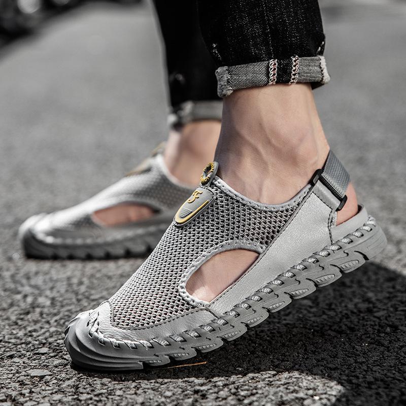 Mesh Surface Shoes Summer Male Shoes Leather Shoes Net Hole Hollow Breathable Sole Sandals Half Slippers