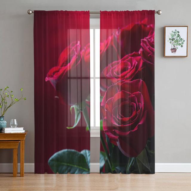 Rode roos bloem groen blad plant mooie pure gordijnen voor woonkamer slaapkamer decoratie raam voiles ochtend tule gordijn