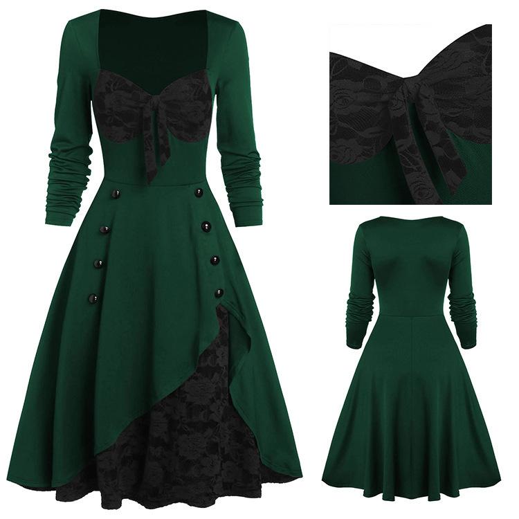 Women's Fashion Slim-fit Lace Ethnic Style Vintage Stitching Long Sleeve Flower Dress