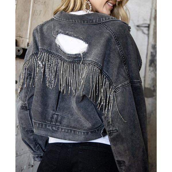 Womens Long Sleeve Back Rhinestone Tassels Loose Ripped Hole Denim Jeans Jacket Short Coat