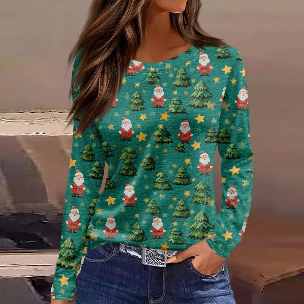 Dammode Fållslits Casual Jul Tryckt Rundhals Långärmad Topp