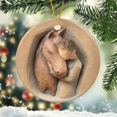 Yousheng Christmas Ornament for Horse Lovers Hugging Horse Acrylic Pendant Christmas Tree Hanging Decoration Holiday Gifts for Girls Women Cowgirls