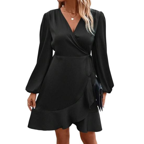 Women Mini Dress V-Neck Lantern Long Sleeve Side Lace-up Dress Solid Color Smooth Satin Ruffle Trim Dress