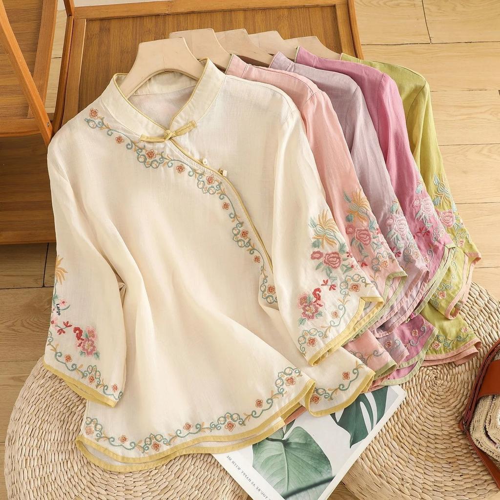Sommar Dam Konstnärlig Vintage Broderi Slimmande Bomull Linne Damtopp med Knapp Färgblock Ärmlös Skjorta