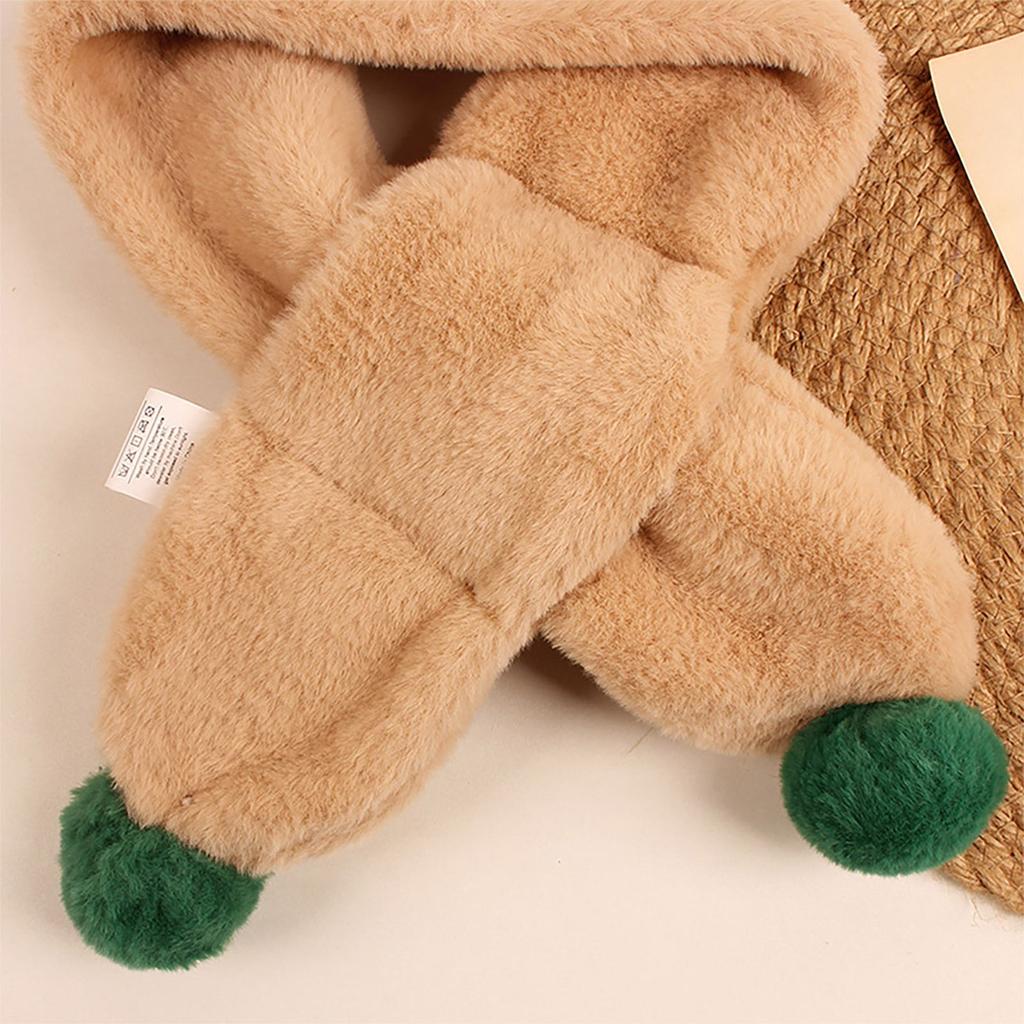Kids Plush Fleece Scarf Soft Warm Neck Warmer with Cartoon Reindeer Design and Pom Pom Ends for Winter Holiday Season