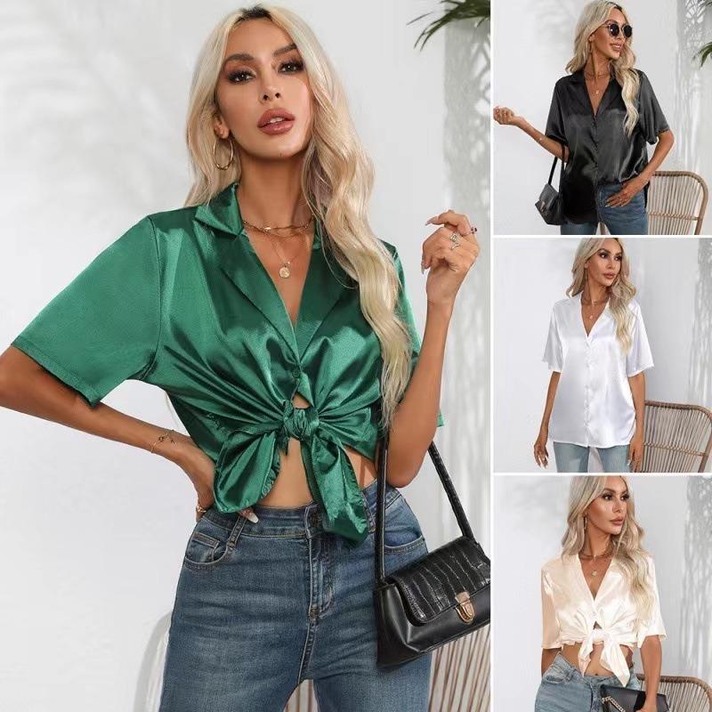 Chemise d'été à manches courtes en satin imitation soie pour femme, col coloré, chemisiers et chemises