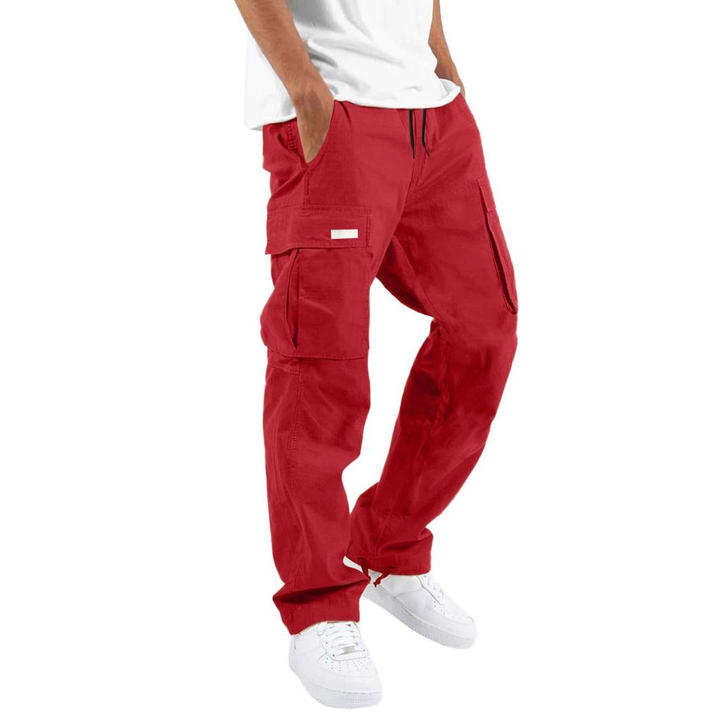 Spring and Autumn Men's Patch Overalls Pure Cotton European and American Drawstring Tie Feet Multi-pocket Four Seasons Casual Pants Straight