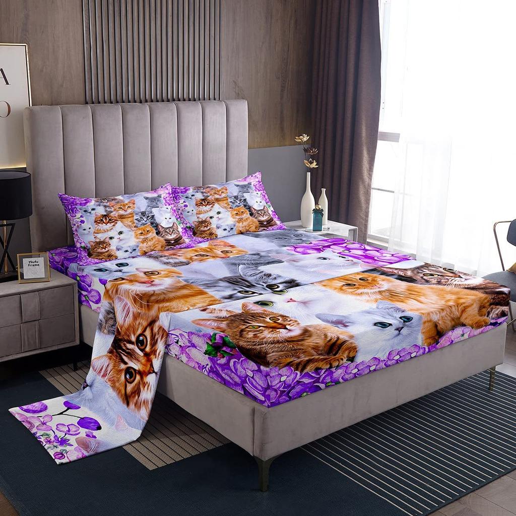 Animal cat and dog pattern bed hat four-piece bedding set bedroom dormitory bedding decoration