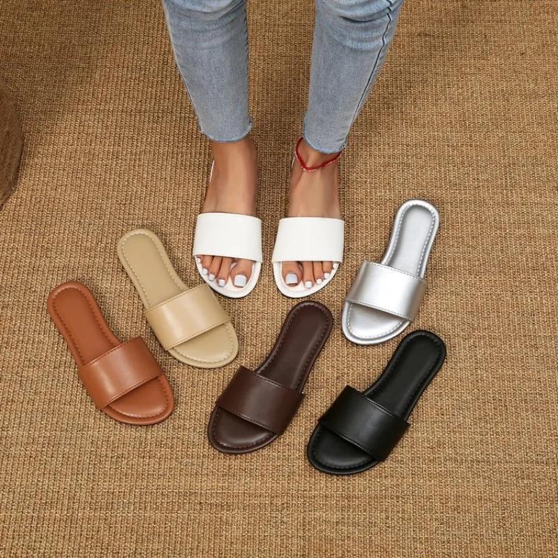 Summer Women Slippers Leather Square Toe Women Flats Flip Flops Designer Ladies Slides Sandals Women Shoes Luxury Sandals
