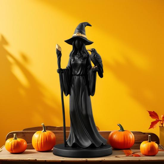 Schwarzgoldener Stab Hexe Skulptur Halloween Hexe mit Zepter Statue Harz Hexe und Rabe Figur für Gothic Heim Tischdeko