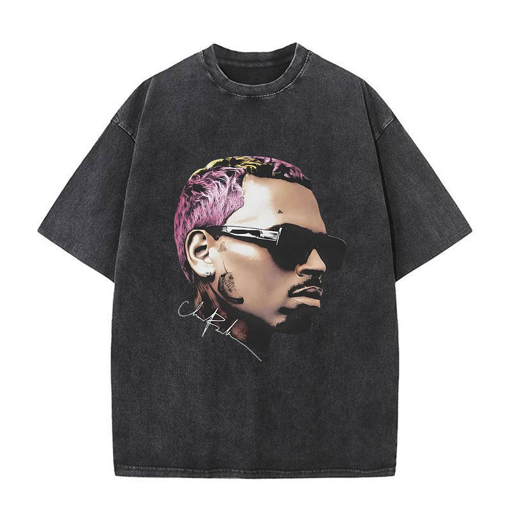 Rapper Chris Brown Breezy Big Face Graphic Vintage Washed TShirts Men Women Harajuku ONeck Cotton Casual Short Sleeve T Shirts