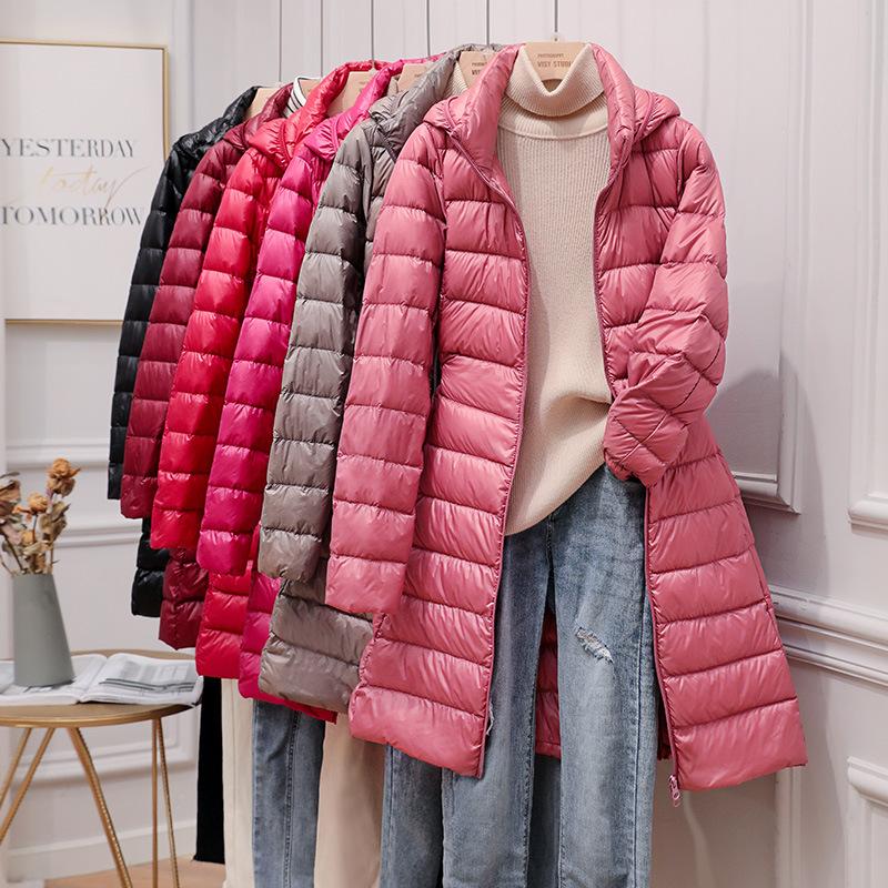Women Fall Winter Stand Collar Hooded Solid Color Zipper Long White Duck Down Jacket M-5XL