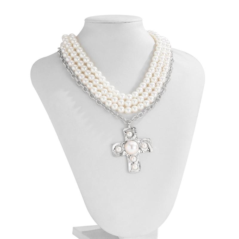 Náhrdelník s křížky a perlami pro ženy Elegantní zlatý vrstvený choker s výrazným přívěskem a přezkami Nastavitelný řetízek