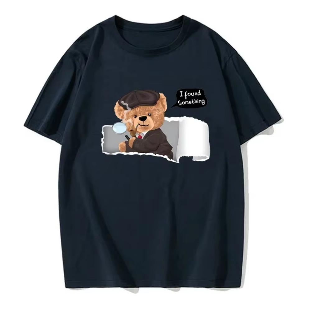 Neutral Style Summer Short Sleeved Cute Detective Teddy Bear Pattern Print Fun Fashion Casual Men's and Women's T-shirt