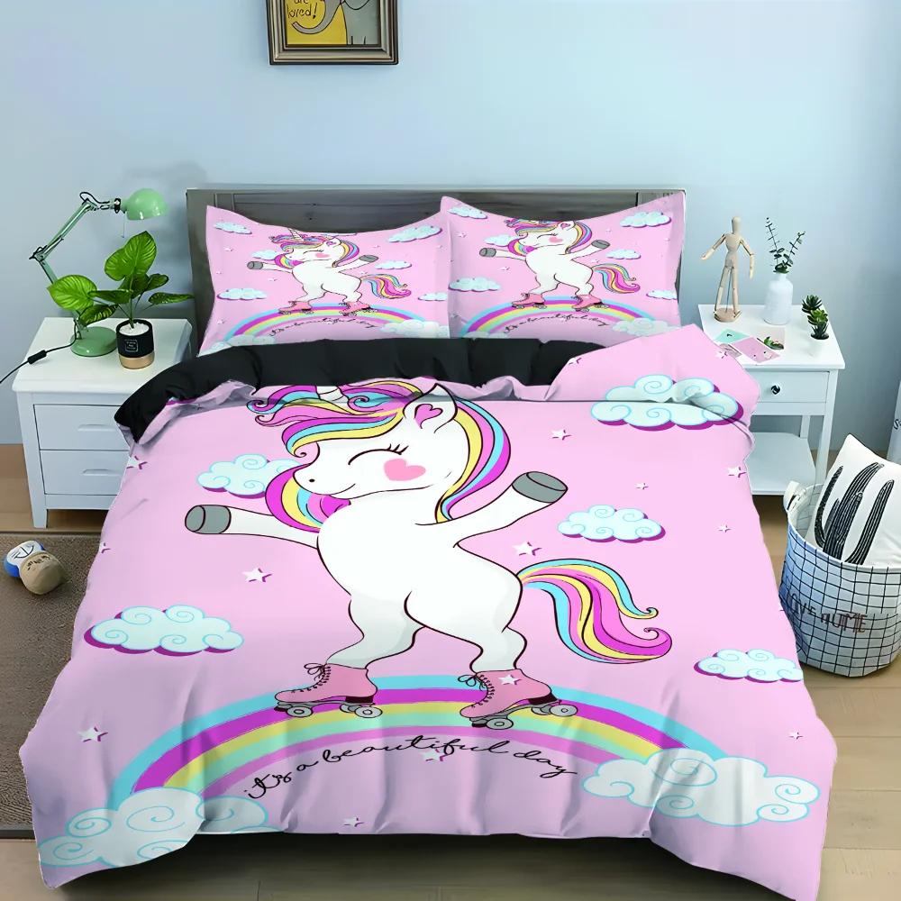 Cartoon Unicorn Pink King Queen Duvet Cover Kids Girls Lovely Animal Bedding Set Rainbow Quilt Cover Polyester Comforter Cover