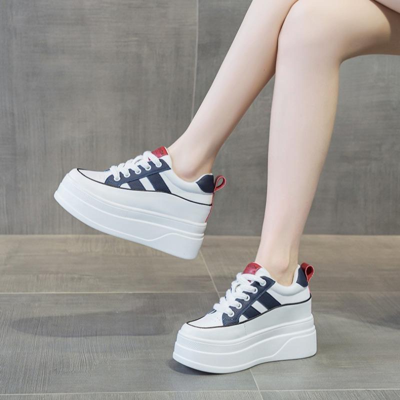 Zapatos Casuales de Cuero para Mujer Primavera Otoño con Cordones Plataforma Aumentada Vulcanizados Zapatillas Antideslizantes para Exteriores Femeninas