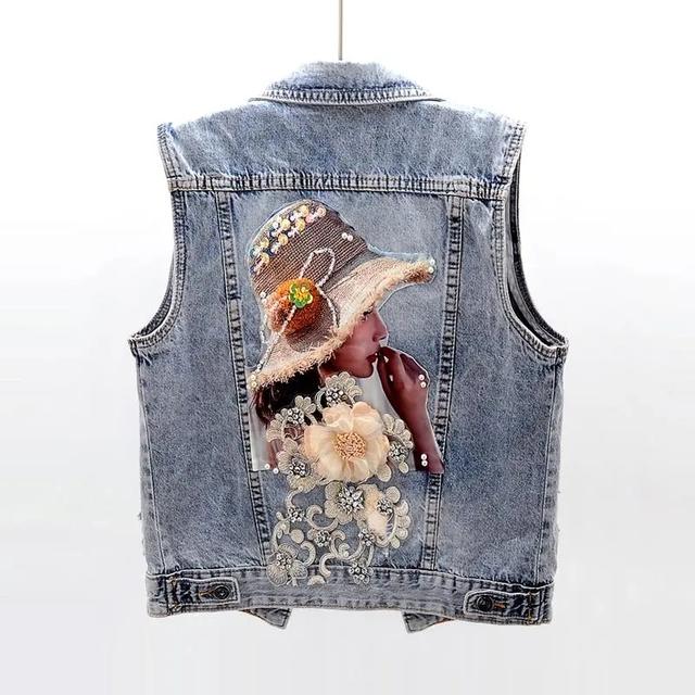 Vest Slim Short Jacket Embroidery Sleeveless Jeans Gilet Women Casual Waistcoat Cardigan Beading Denim