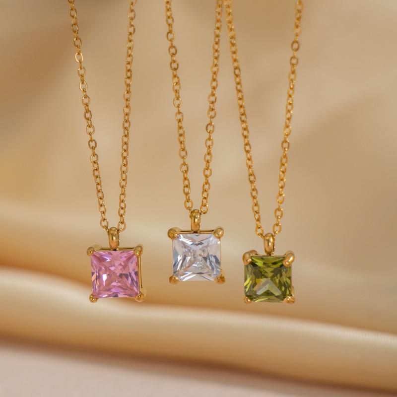 Stainless Steel Square Zircon Pendant Necklace Minimalist Colorful Durable Jewelry for Office Date Casual Wear