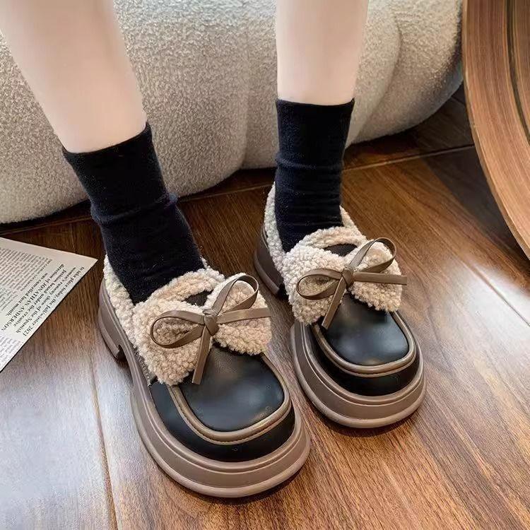 Warm and Velvet Small Leather Shoes for Women's Winter New Bow One Pedal Loafers Platform Cotton Shoes