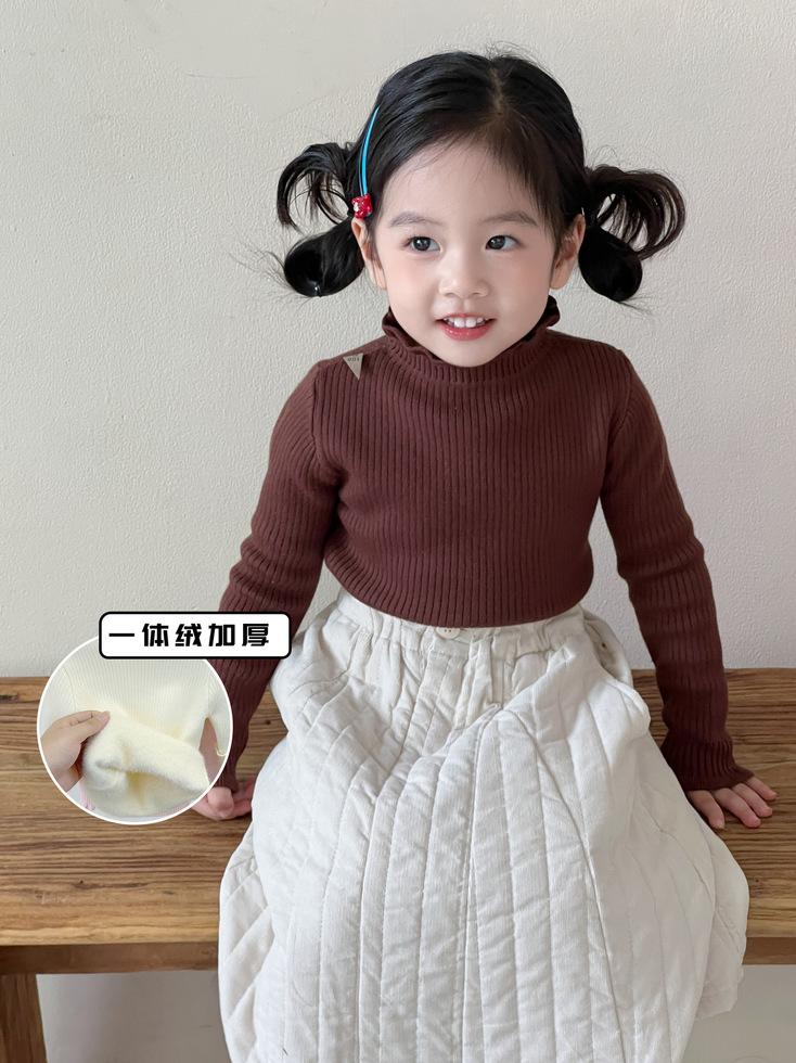 Baby Autumn Winter Thickened Fleece Knit Sweater Half Turtleneck Ruffle Collar Warm Base Layer Top