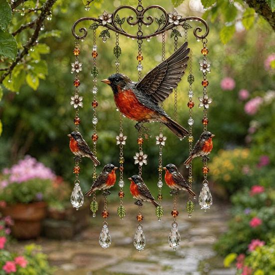 Graceful Bird Wind Chimes, Bird Wind Chimes for Outside, Metal Hanging Suncatchers with Crystal Pendants for Garden Yard Decor