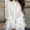Women Vintage Shirt Collar Trumpet Long Sleeve Tie Ruffle Shirts