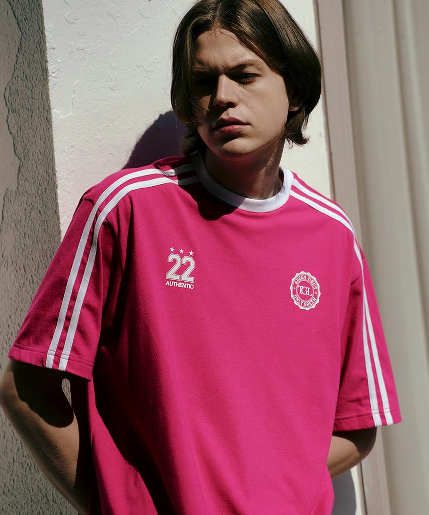 THE GREEN LAB Soccer Football Color Block Short Sleeve T-Shirt [Pink]