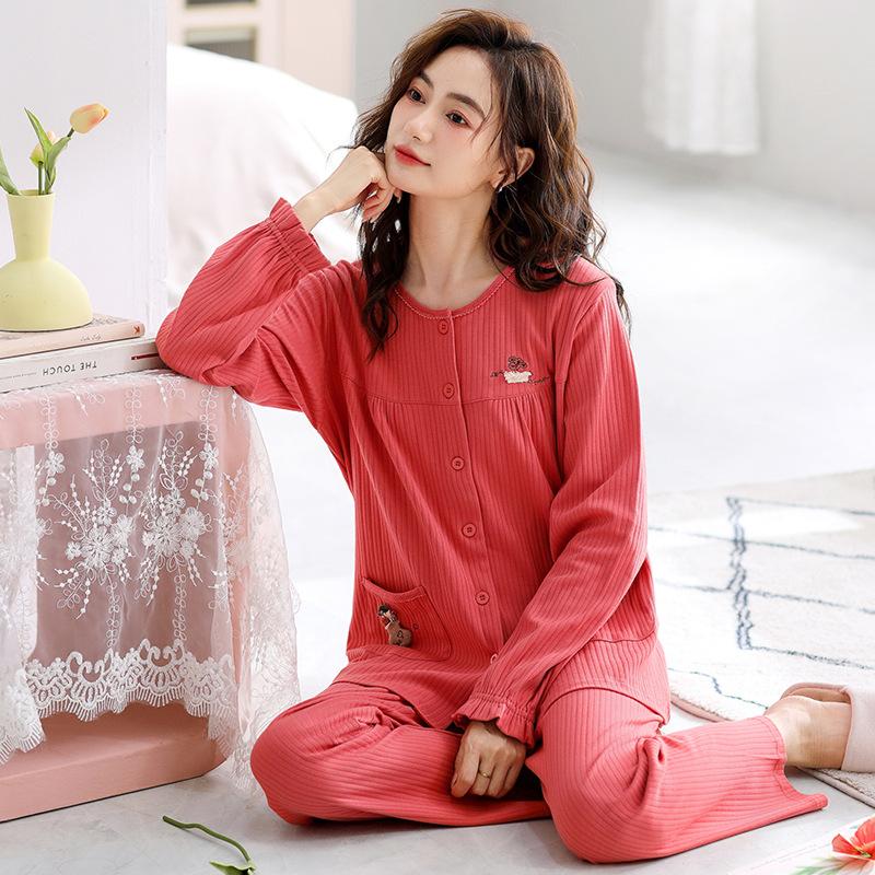Pyjama Dames Lange Mouw Katoen Ronde Hals Vest Eenvoudig Casual Grote Maat Katoenen Loungewear Herfst Set