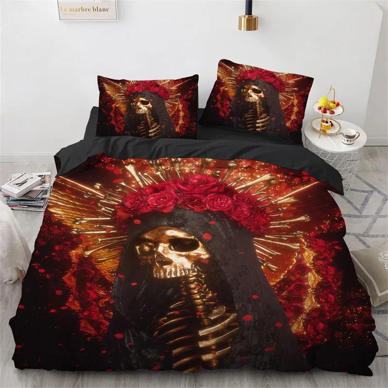 Skull Duvet Cover Red Rose Skeleton Queen Floral Skeleton Traditional Mexican Halloween Double Queen King Polyester Qulit Cover