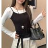 Nou Set Primăvară-Toamnă Două Piese Tricou Monocrom cu Mânecă Lungă Vestă Stratificată Top Slim Fit pentru Femei