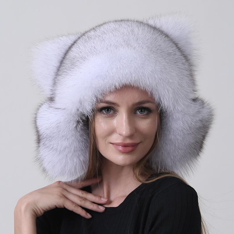 Women Winter Bomber Fur Hats Natural Real Fox Fur Balls Ears Tail Trapper Hats Thick Warm Outdoor Snow Hats