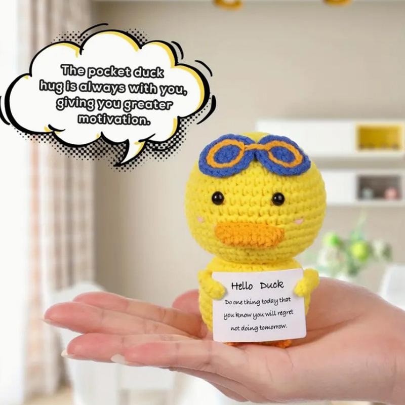 Handmade Knitted Positive Duck Doll Ornament Home Room Decor Funny Glasses Duck Crochet Doll With Card Christmas Party Gifts