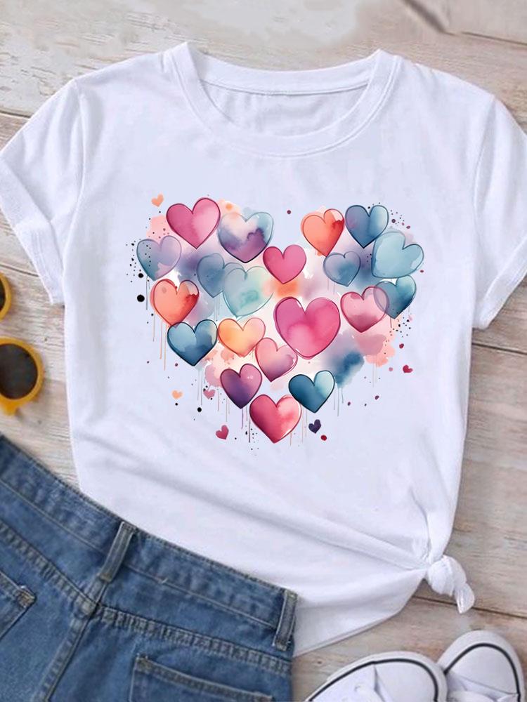 (Tamanho asiático) T-shirt casual de tendência de flor aquarela com gola o Roupa Top Manga Curta Camiseta Estampa da Moda Senhora Feminina Mulheres Camisetas Gráficas
