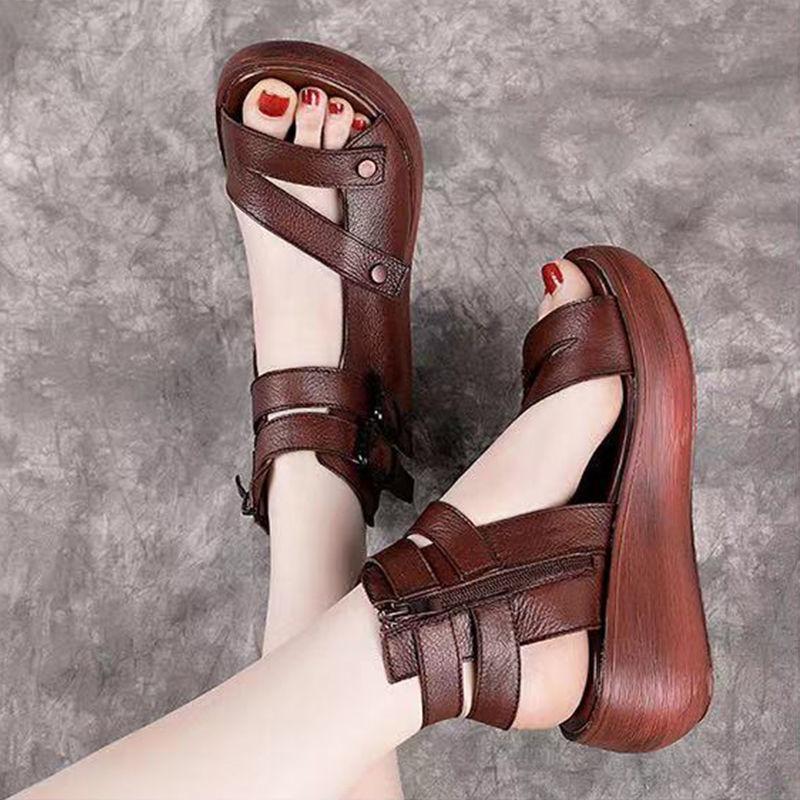 Fashion Comemore Women's Sandals Summer Mid Heeled Wedges Shoes for Women Retro Leather Gladiator Sandals Platform Rome Solid Sandalias