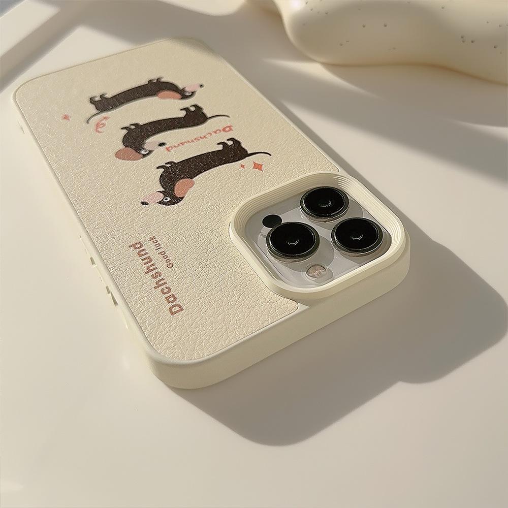 Capa de Couro Cremosa Dachshund Maçã 16 para Celular Adequada para IPhone14promax Nicho 1113 Anti Queda